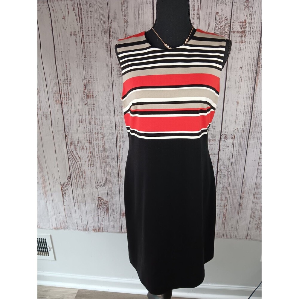 Calvin Klein Midi Dress Women’s 10 Red/tan Striped Sleeveless Career Work Wear